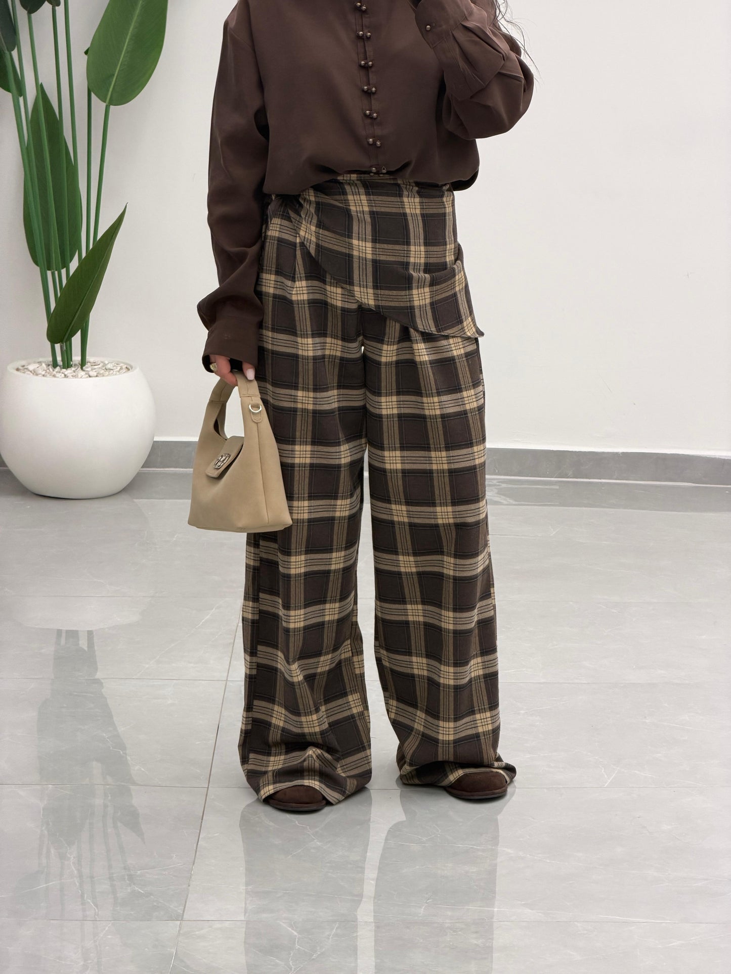 Fular Detaylı Marka Model Ekose Pantolon Kahve