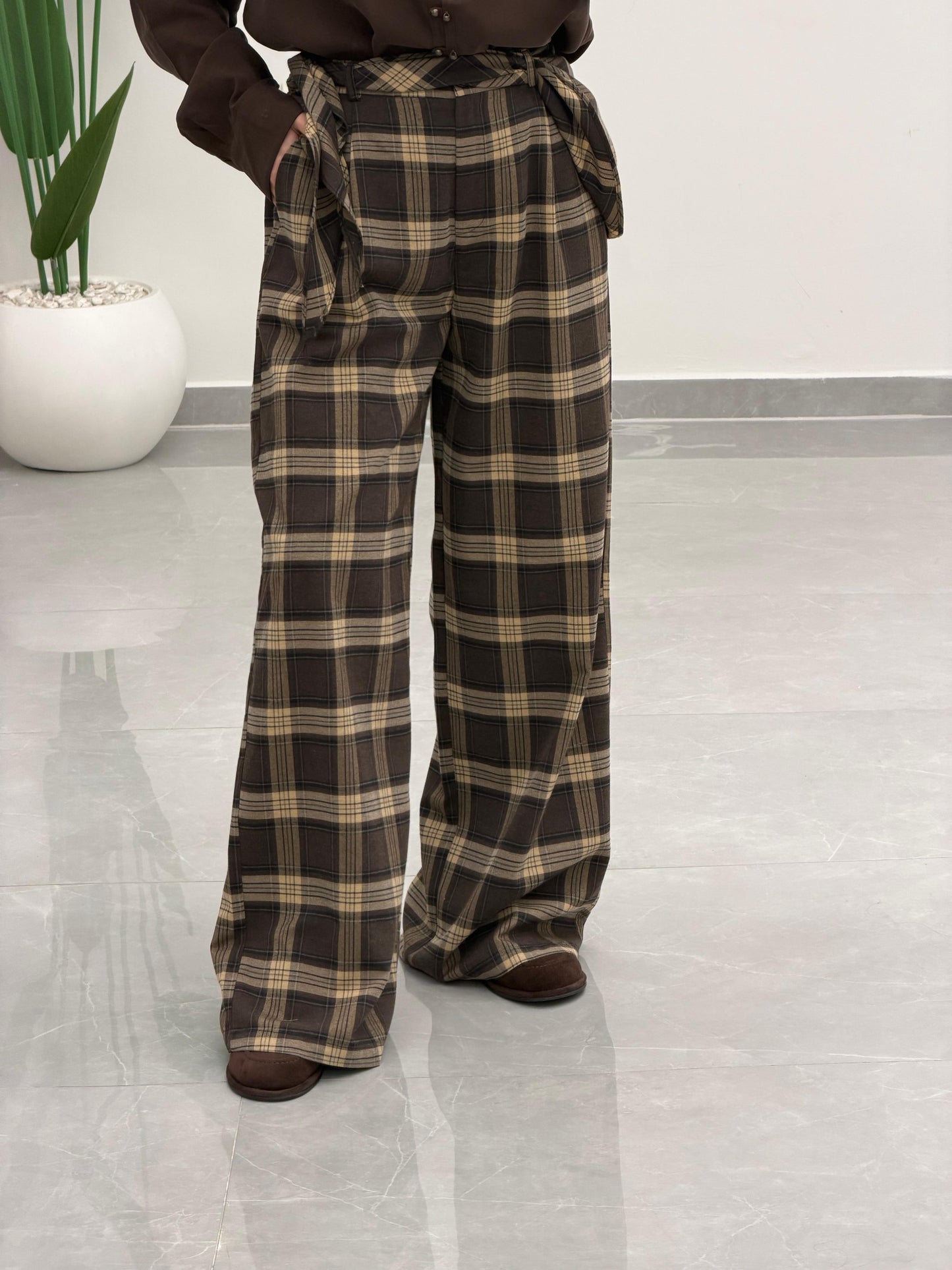 Fular Detaylı Marka Model Ekose Pantolon Kahve