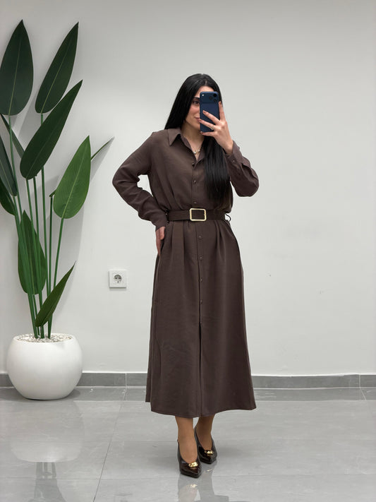 Tensel Kemerli Gömlek Elbise Kahve
