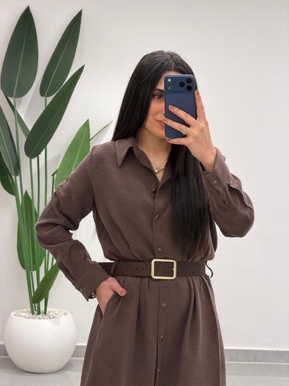 Tensel Kemerli Gömlek Elbise Kahve