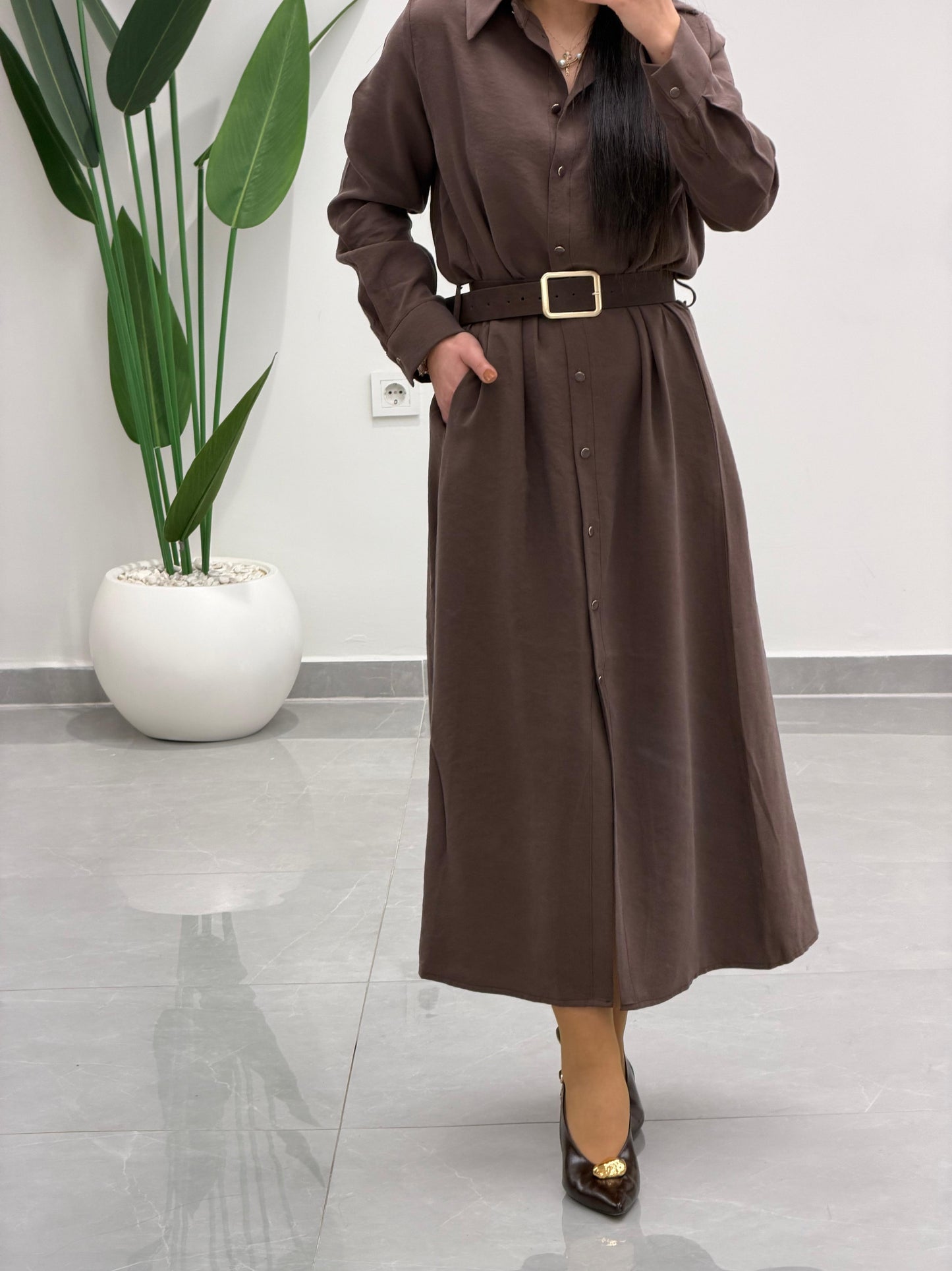 Tensel Kemerli Gömlek Elbise Kahve