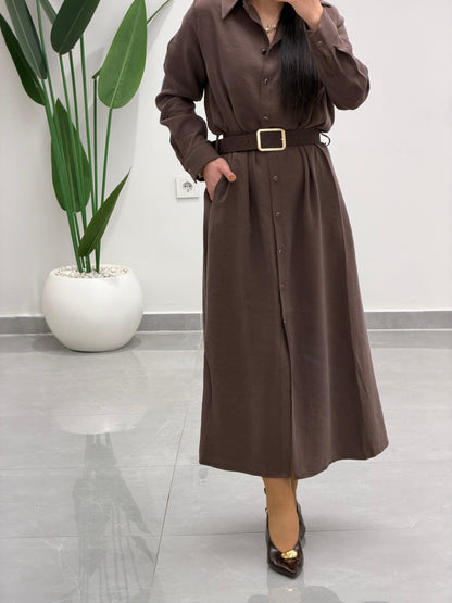 Tensel Kemerli Gömlek Elbise Kahve