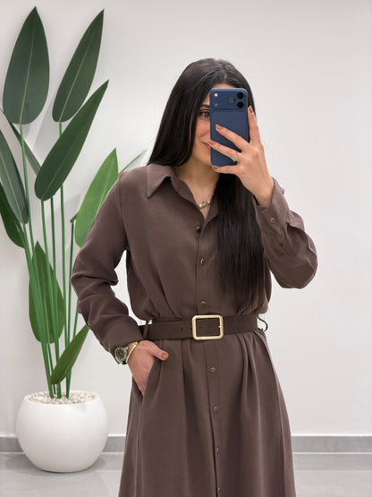 Tensel Kemerli Gömlek Elbise Kahve