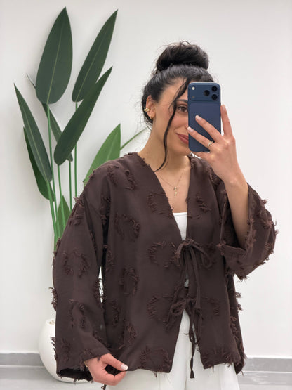 Püskül Detay Bağlamalı Gömlek Kahve