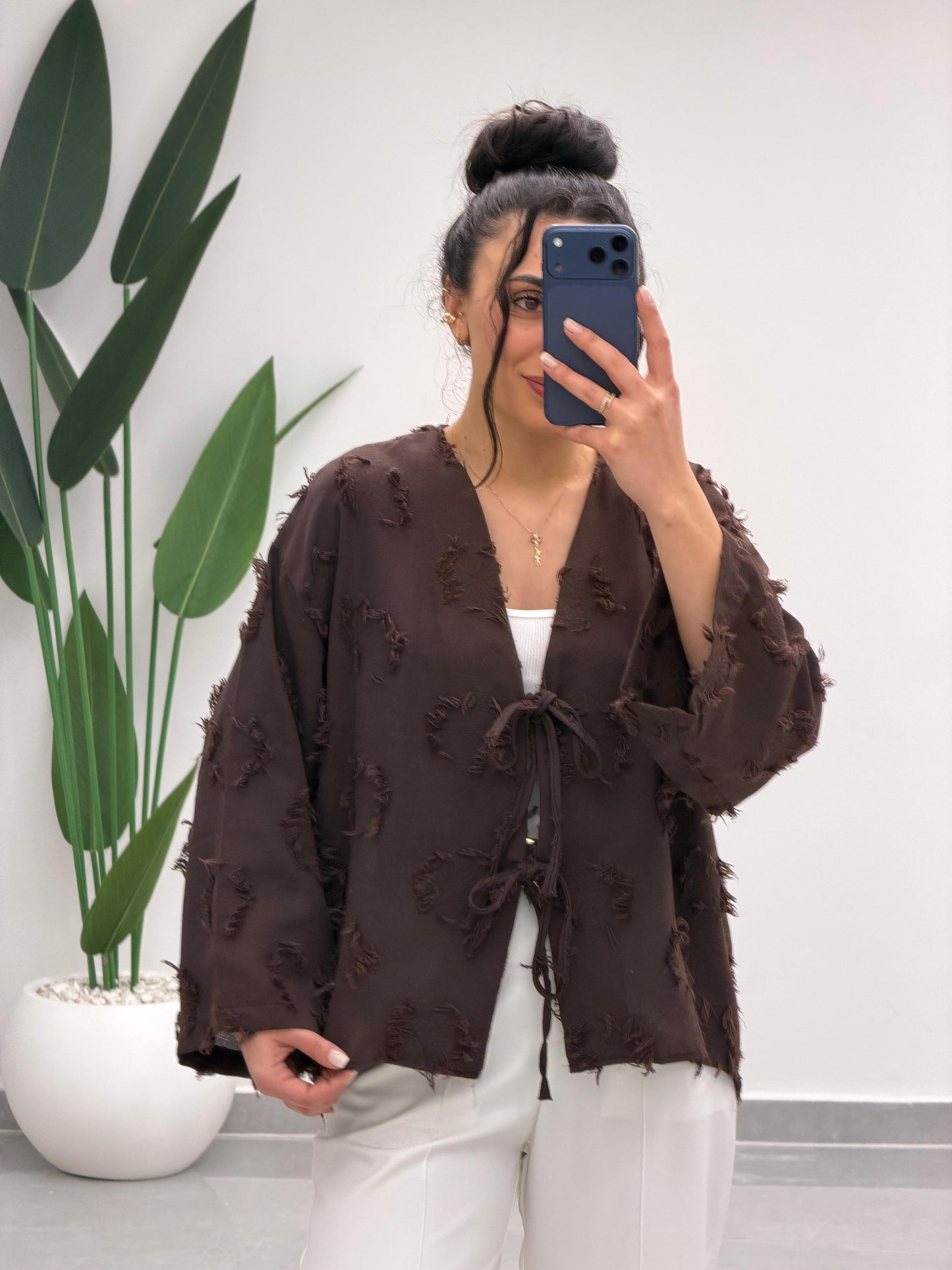 Püskül Detay Bağlamalı Gömlek Kahve