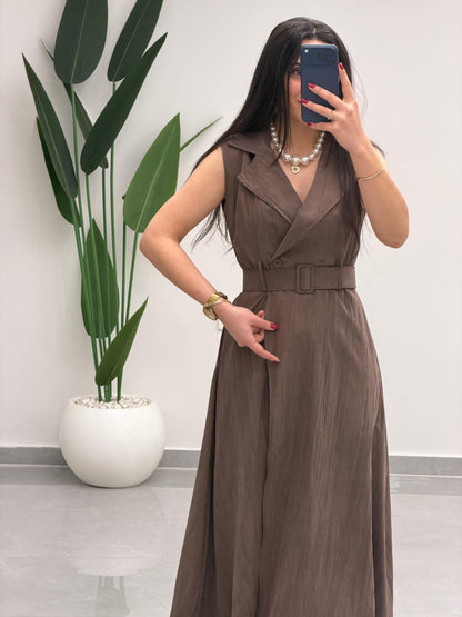 Kruvaze Yaka Kemerli Elbise Kahverengi