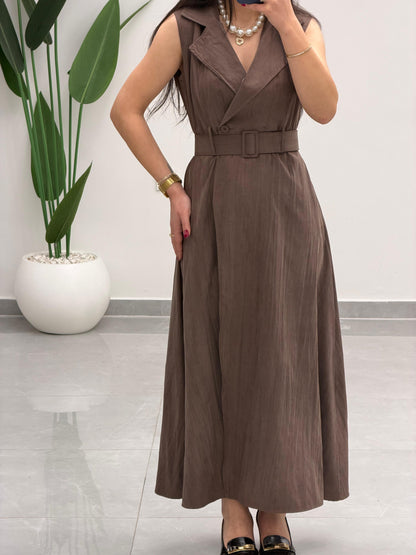 Kruvaze Yaka Kemerli Elbise Kahverengi