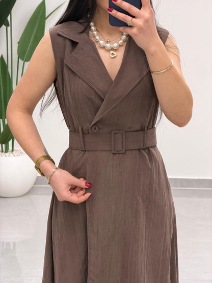 Kruvaze Yaka Kemerli Elbise Kahverengi