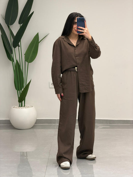 Keten Pantolon-Gömlek İkili Takım Kahve