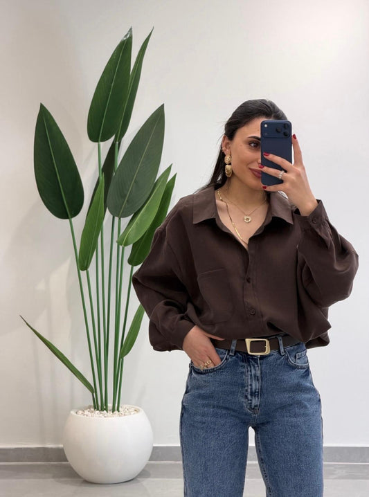 Premium Oversize Tensel Gömlek Kahve