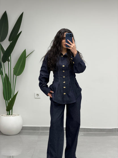 Gold Düğmeli Pileli Denim Takım