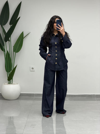 Gold Düğmeli Pileli Denim Takım