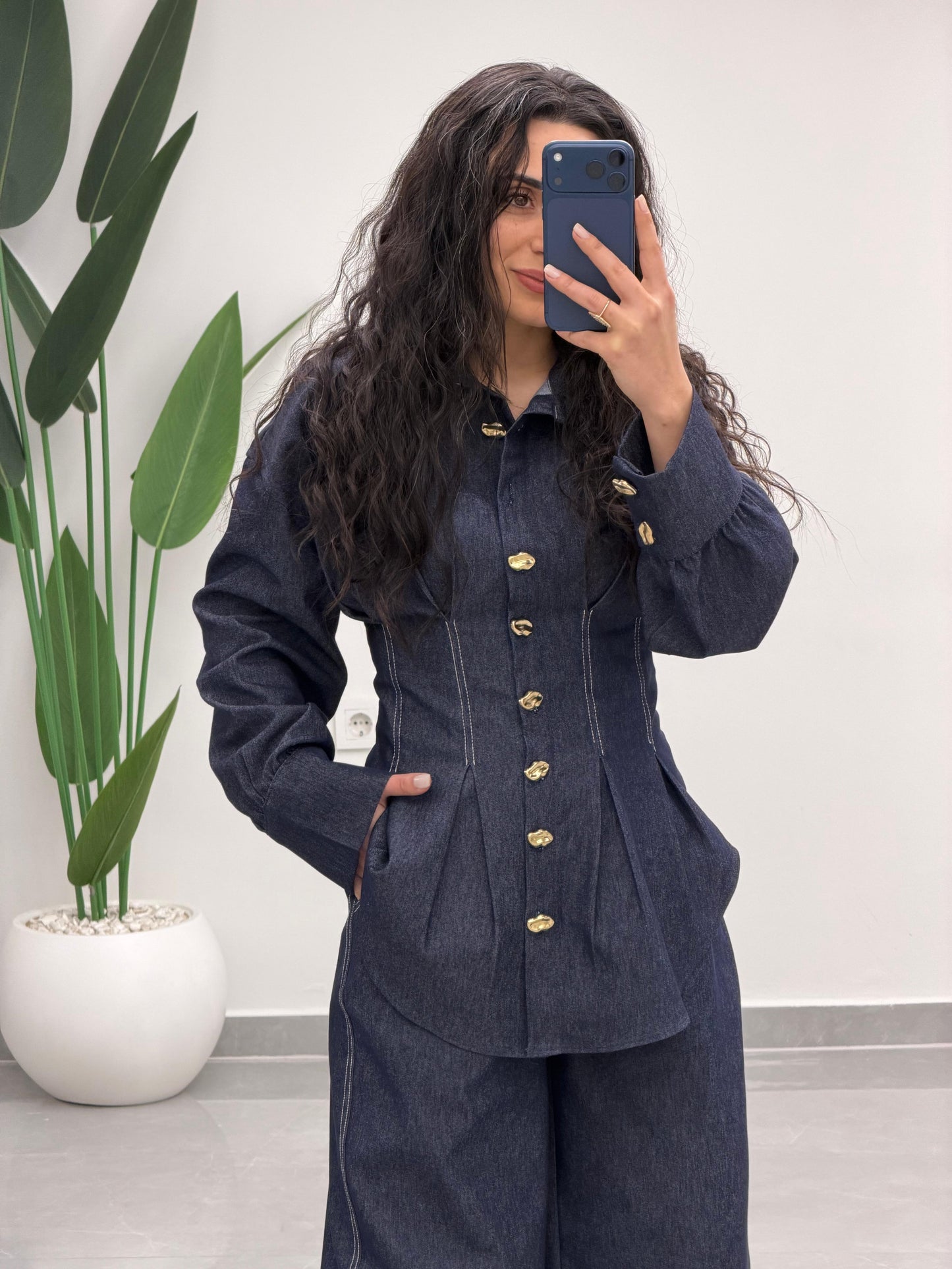 Gold Düğmeli Pileli Denim Takım