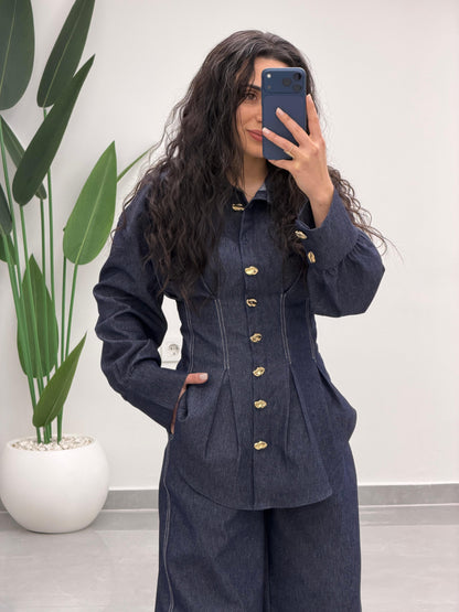 Gold Düğmeli Pileli Denim Takım