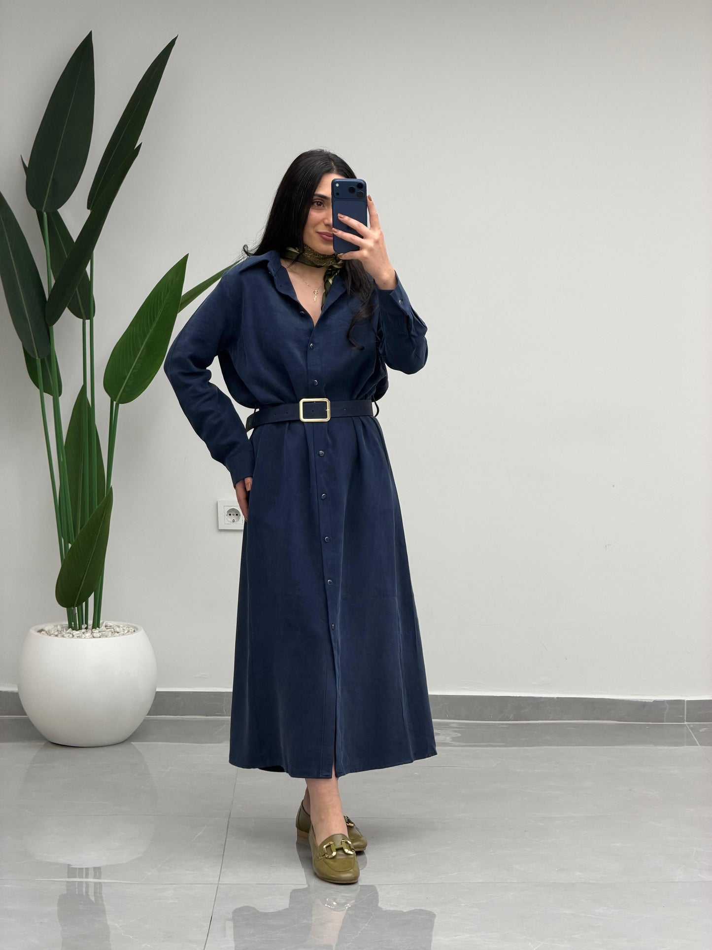 Tensel Kemerli Gömlek Elbise Lacivert