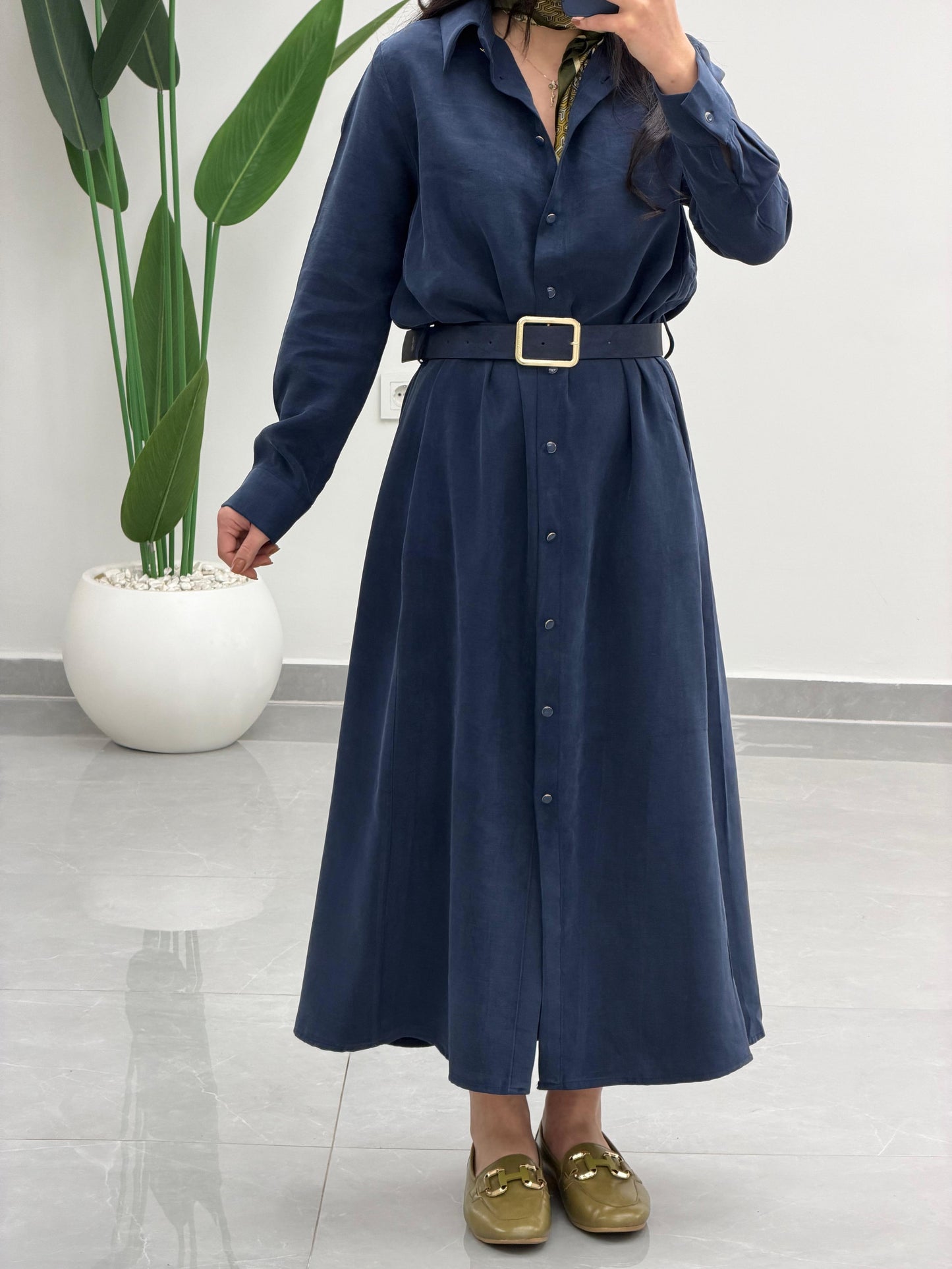 Tensel Kemerli Gömlek Elbise Lacivert