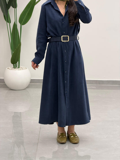 Tensel Kemerli Gömlek Elbise Lacivert
