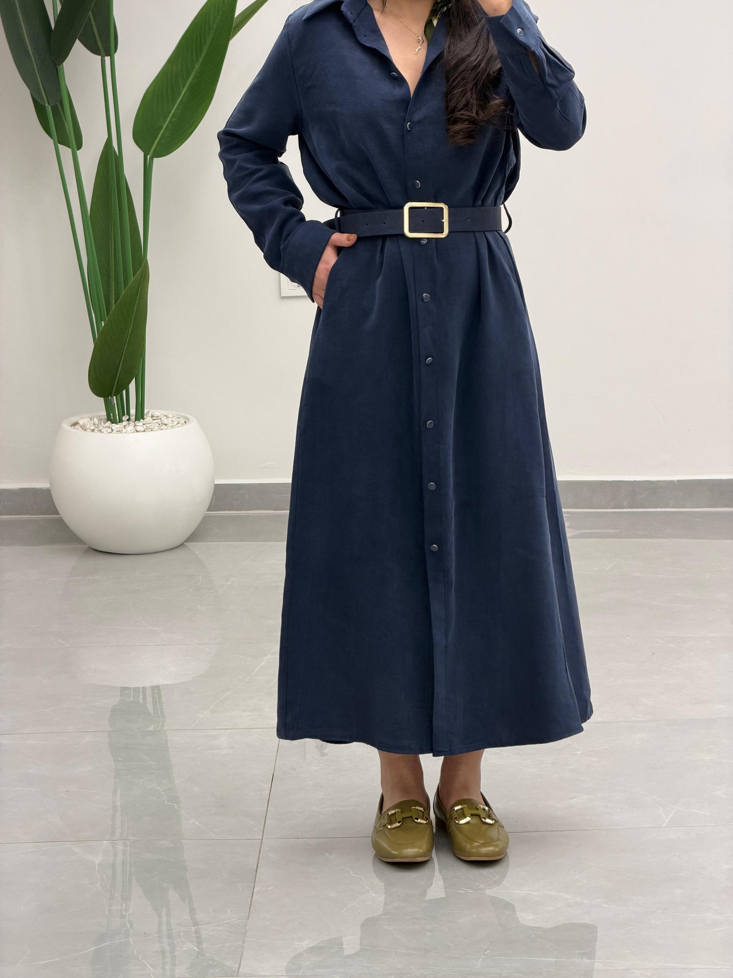 Tensel Kemerli Gömlek Elbise Lacivert