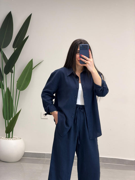 Keten Pantolon-Gömlek İkili Takım Lacivert