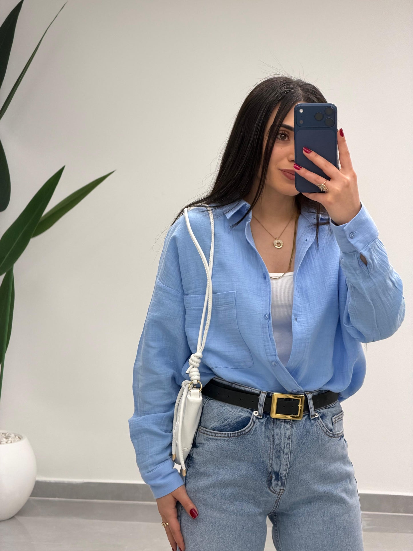 Tek Cepli Oversize Müslin Gömlek Mavi