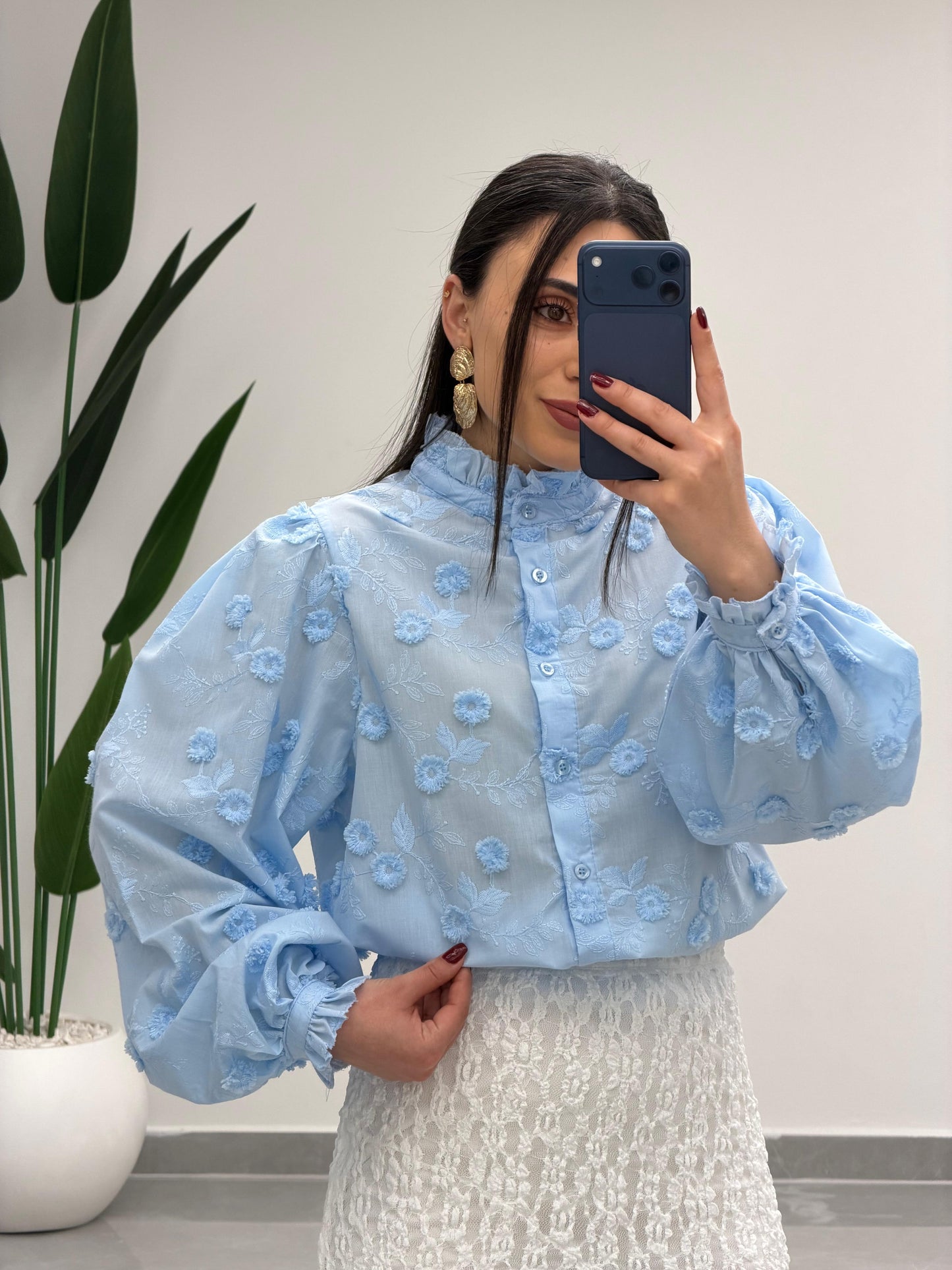 Çiçek Desen Gömlek Mavi