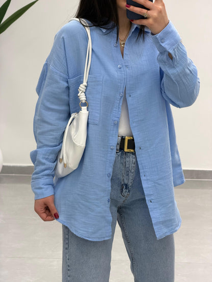 Tek Cepli Oversize Müslin Gömlek Mavi