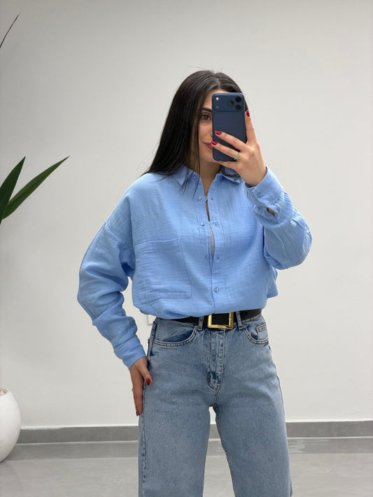 Tek Cepli Oversize Müslin Gömlek Mavi