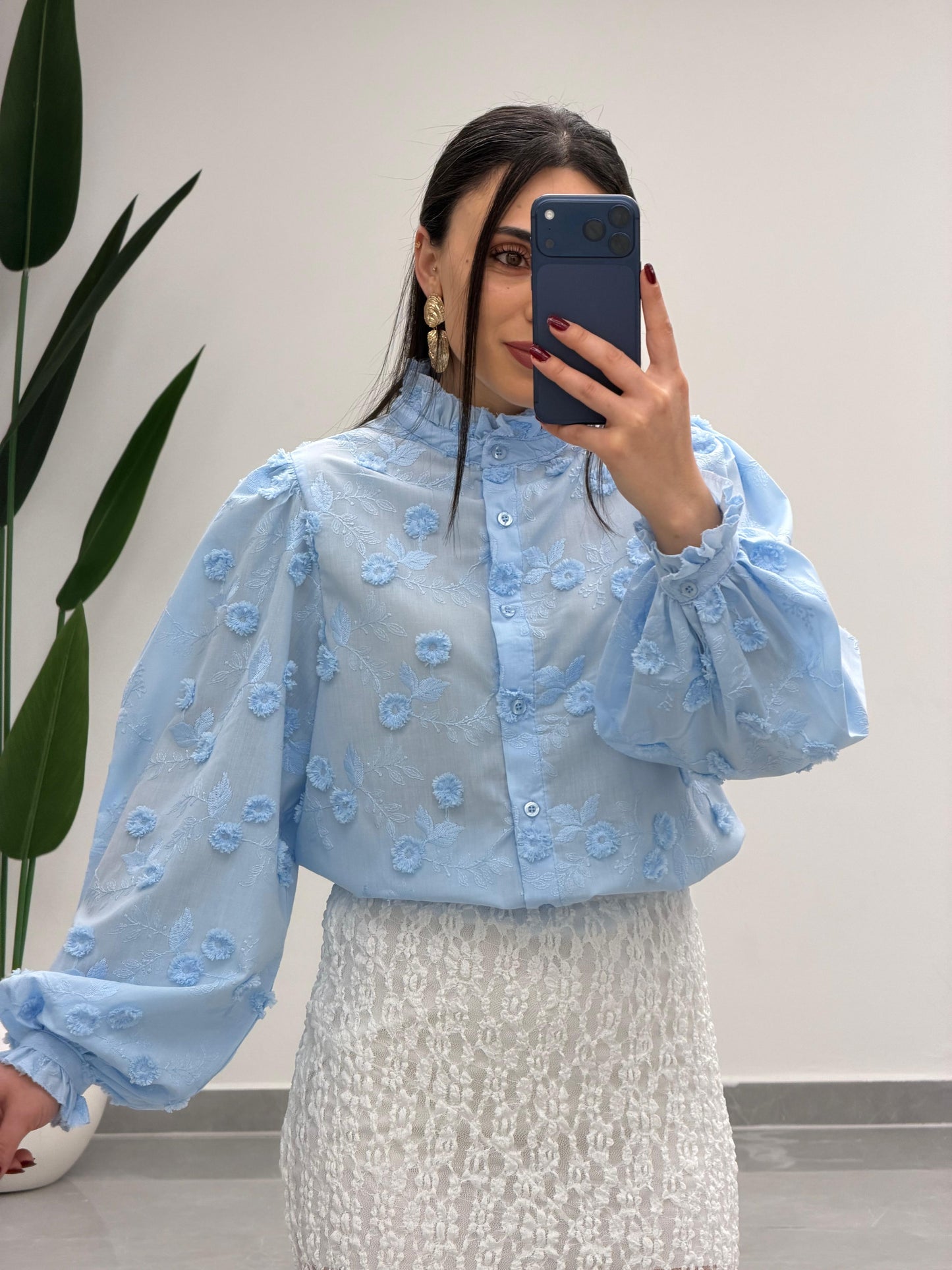 Çiçek Desen Gömlek Mavi