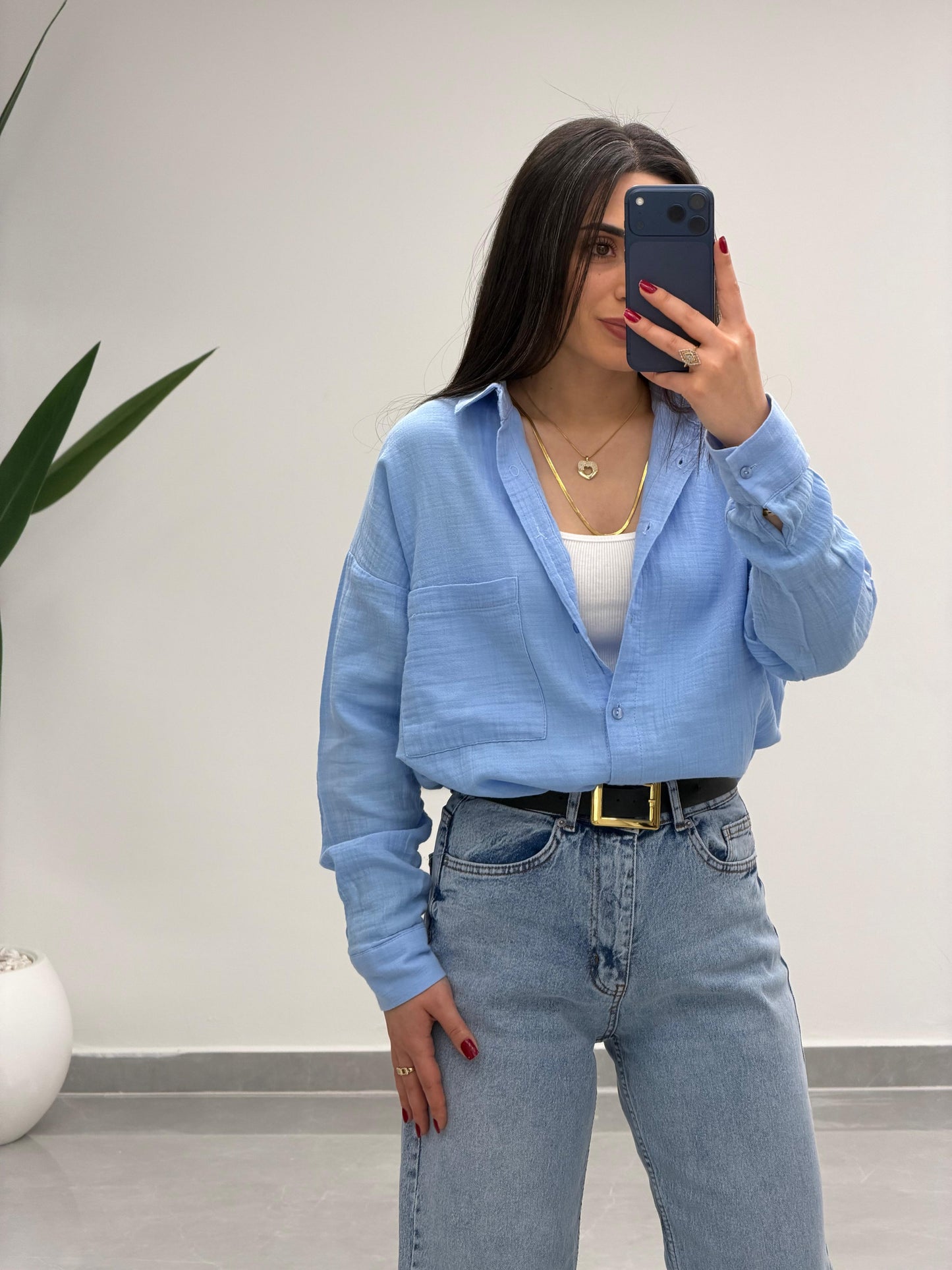 Tek Cepli Oversize Müslin Gömlek Mavi