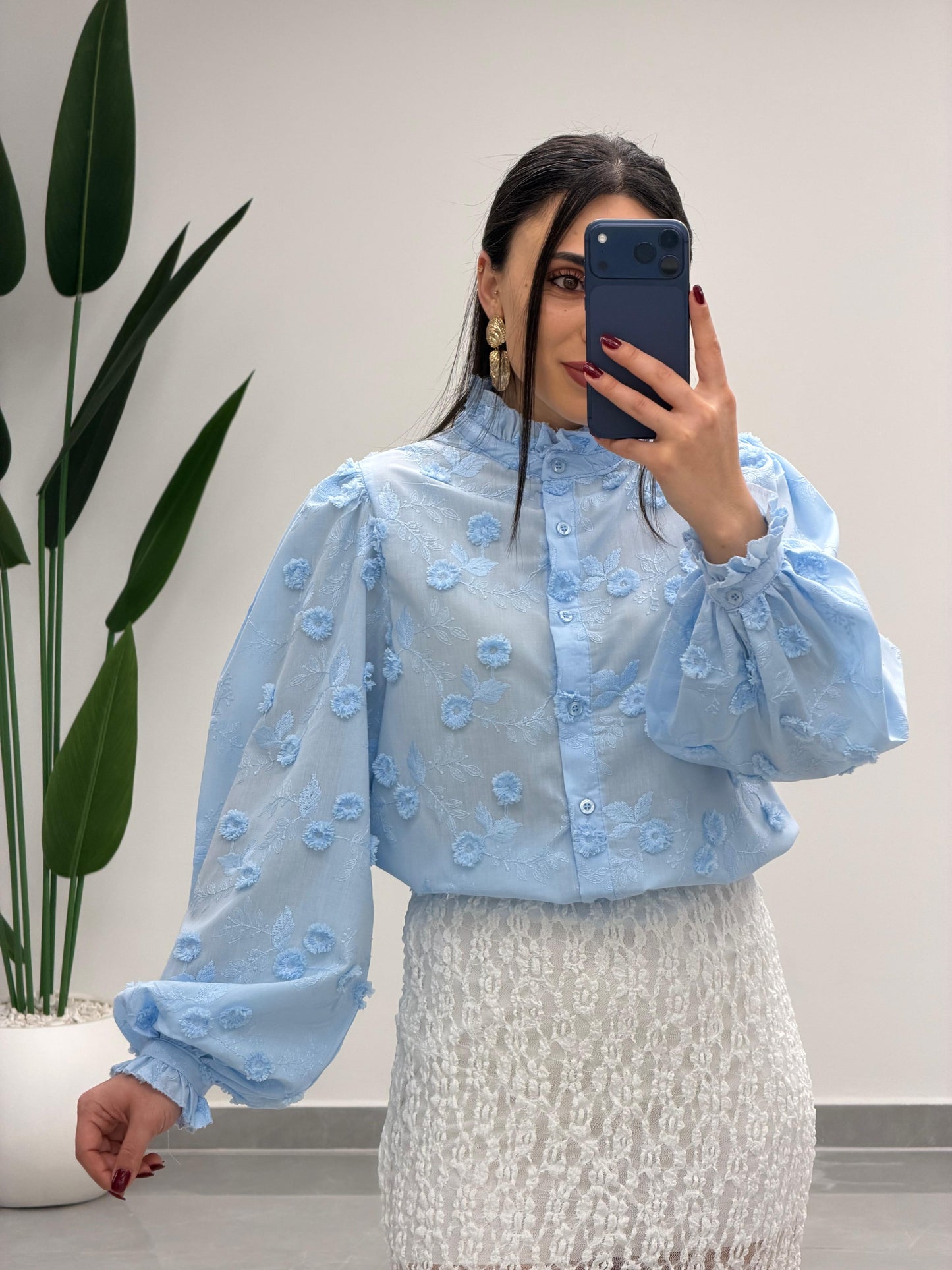 Çiçek Desen Gömlek Mavi