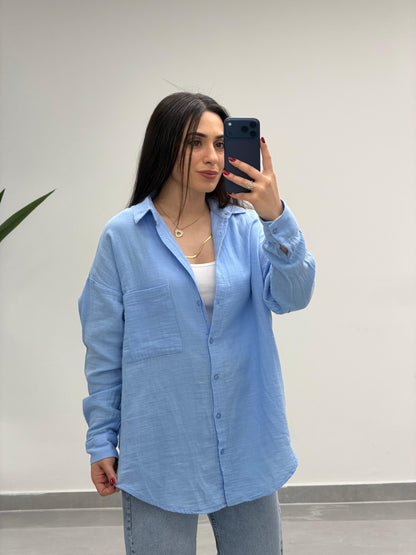 Tek Cepli Oversize Müslin Gömlek Mavi
