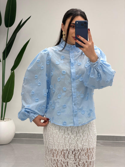 Çiçek Desen Gömlek Mavi