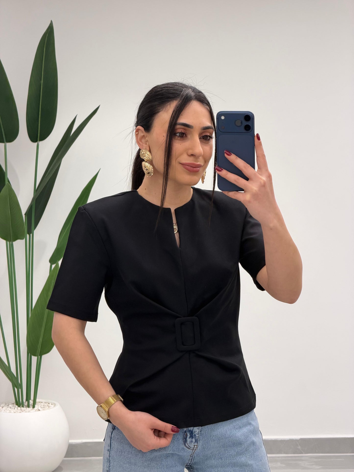 Toka Detay Vatkalı Bluz Siyah