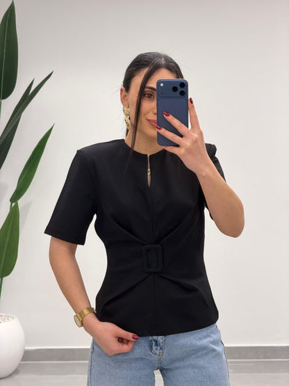 Toka Detay Vatkalı Bluz Siyah
