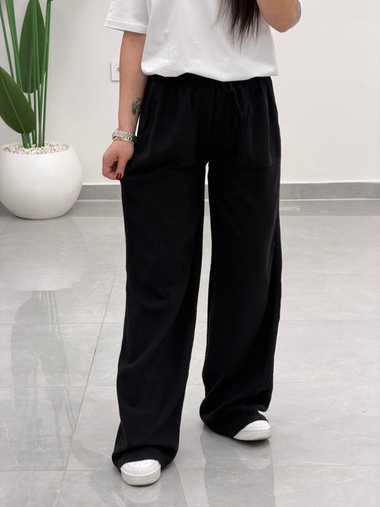 Bol Paça Yüksek Bel Tensel Palazzo Pantolon Siyah