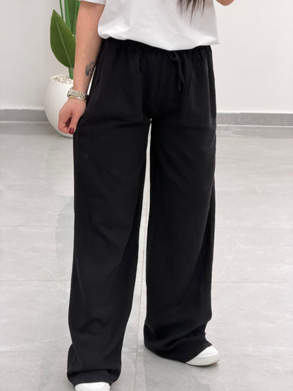 Bol Paça Yüksek Bel Tensel Palazzo Pantolon Siyah