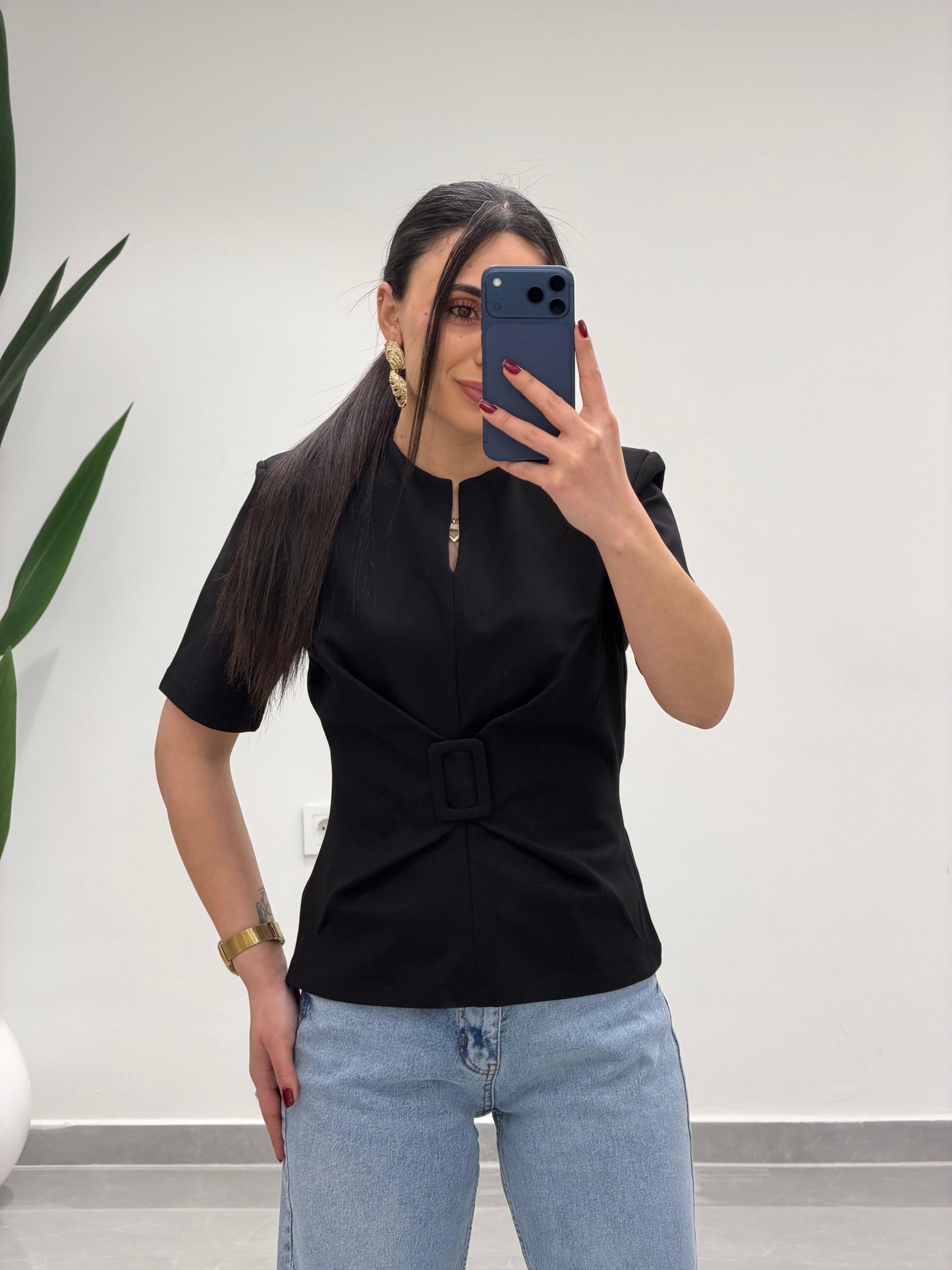 Toka Detay Vatkalı Bluz Siyah