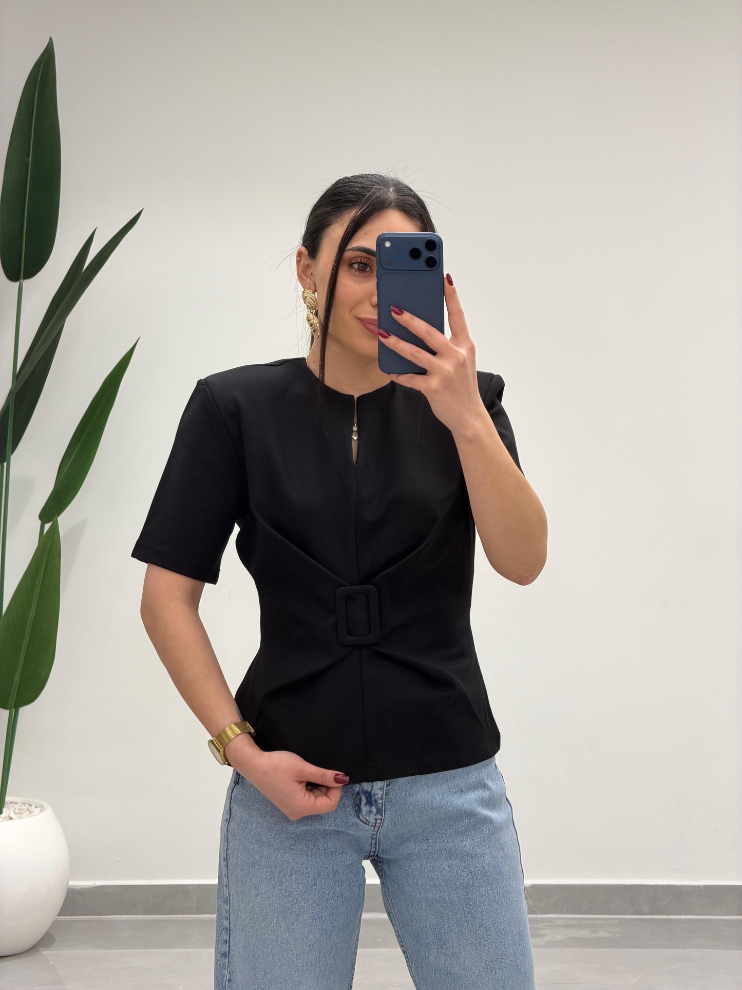 Toka Detay Vatkalı Bluz Siyah