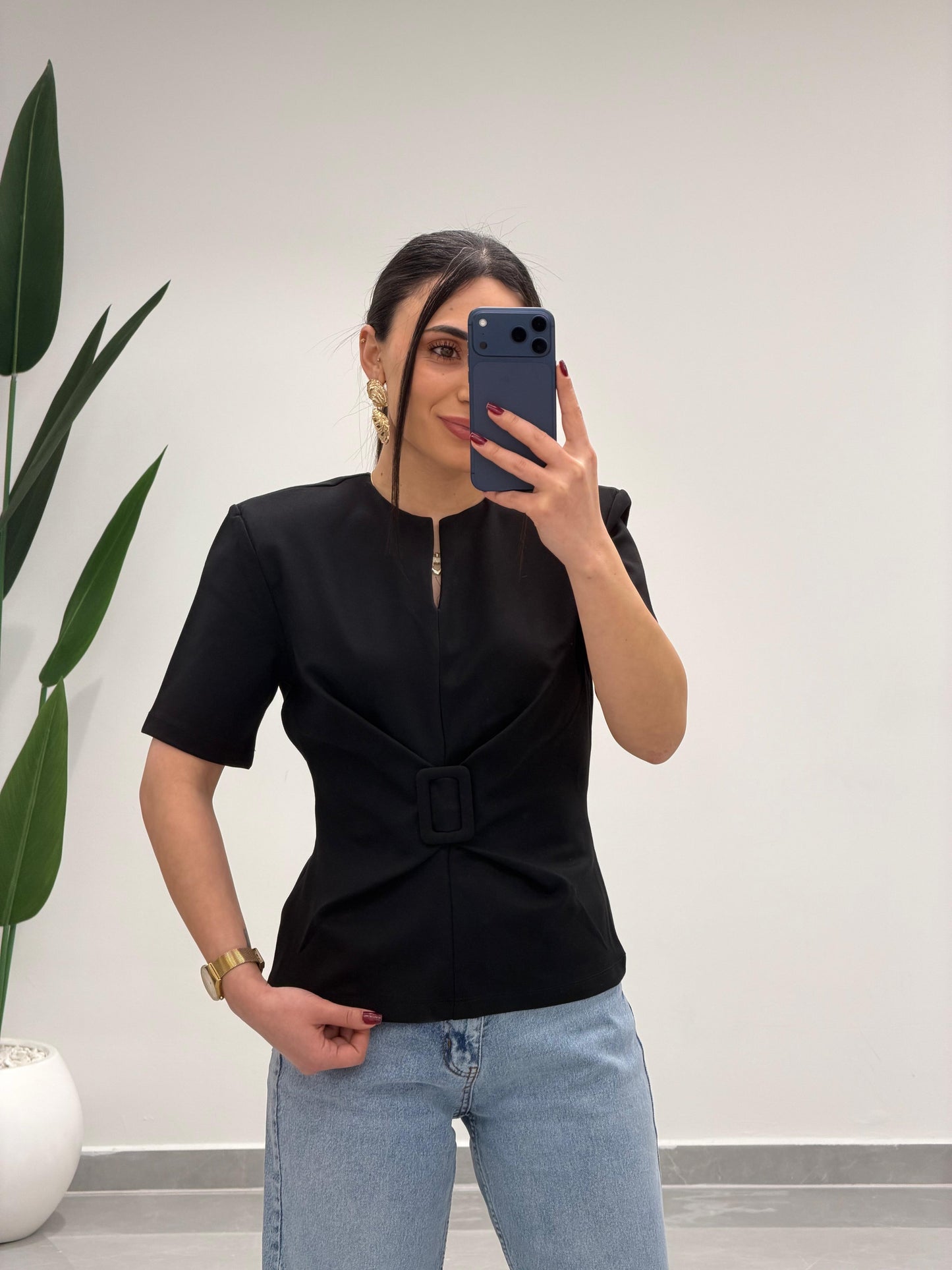 Toka Detay Vatkalı Bluz Siyah