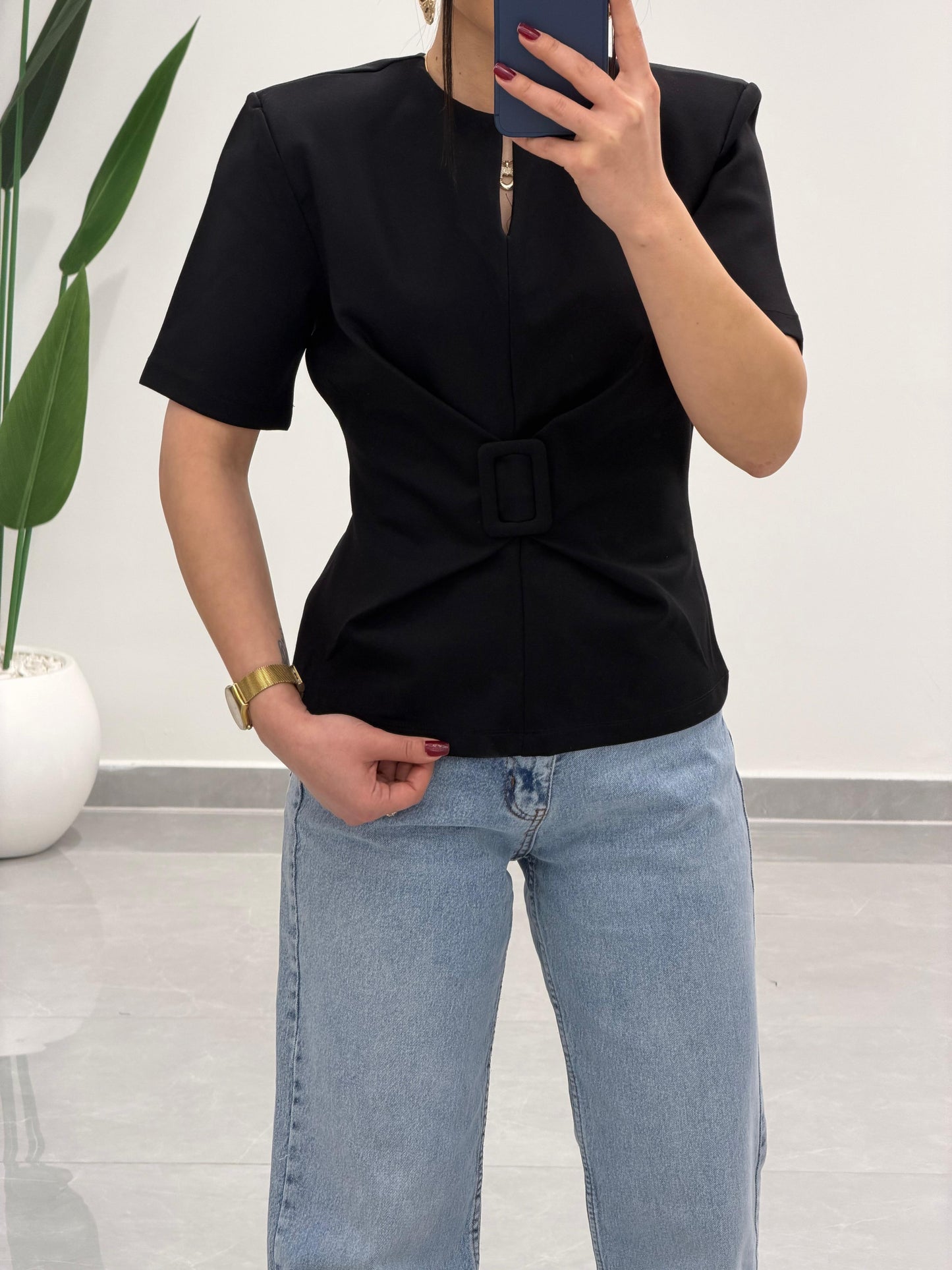 Toka Detay Vatkalı Bluz Siyah