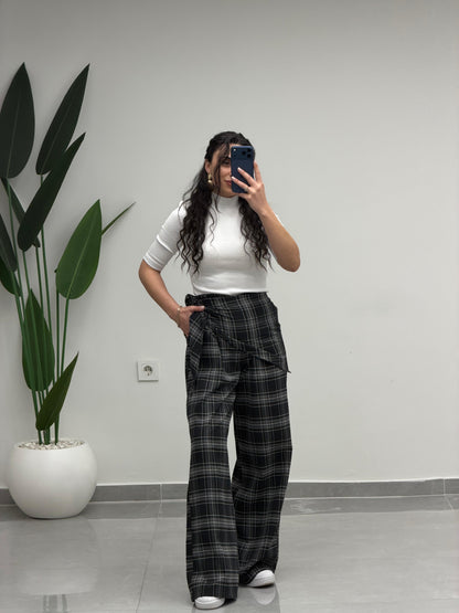 Fular Detaylı Marka Model Ekose Pantolon Siyah