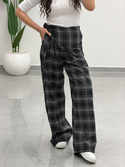 Fular Detaylı Marka Model Ekose Pantolon Siyah