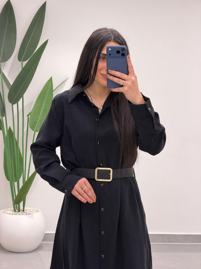 Tensel Kemerli Gömlek Elbise Siyah