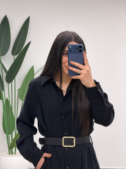 Tensel Kemerli Gömlek Elbise Siyah