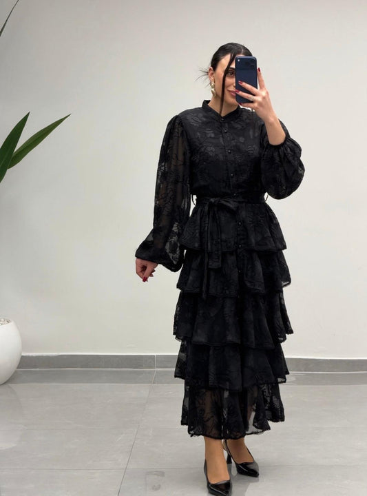 Kat Kat Volanlı Elbise Siyah