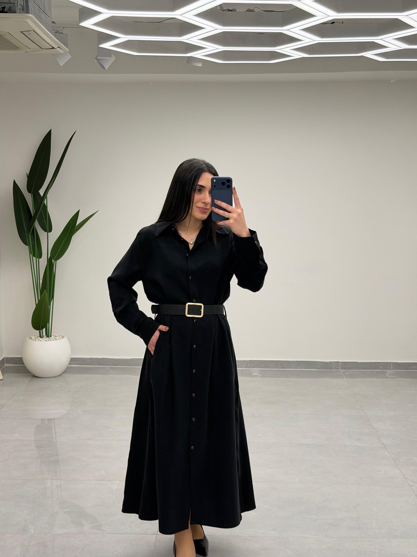 Tensel Kemerli Gömlek Elbise Siyah