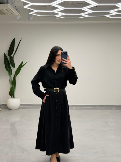 Tensel Kemerli Gömlek Elbise Siyah