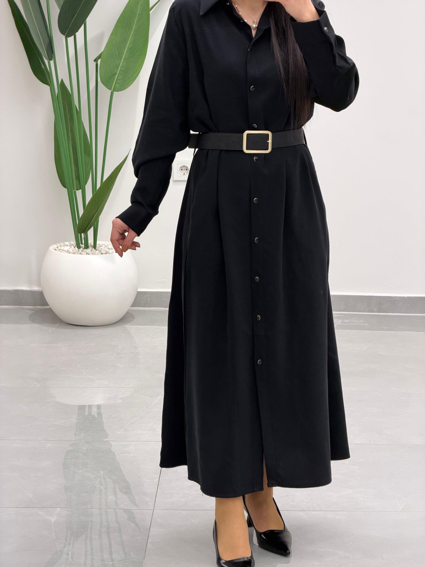 Tensel Kemerli Gömlek Elbise Siyah