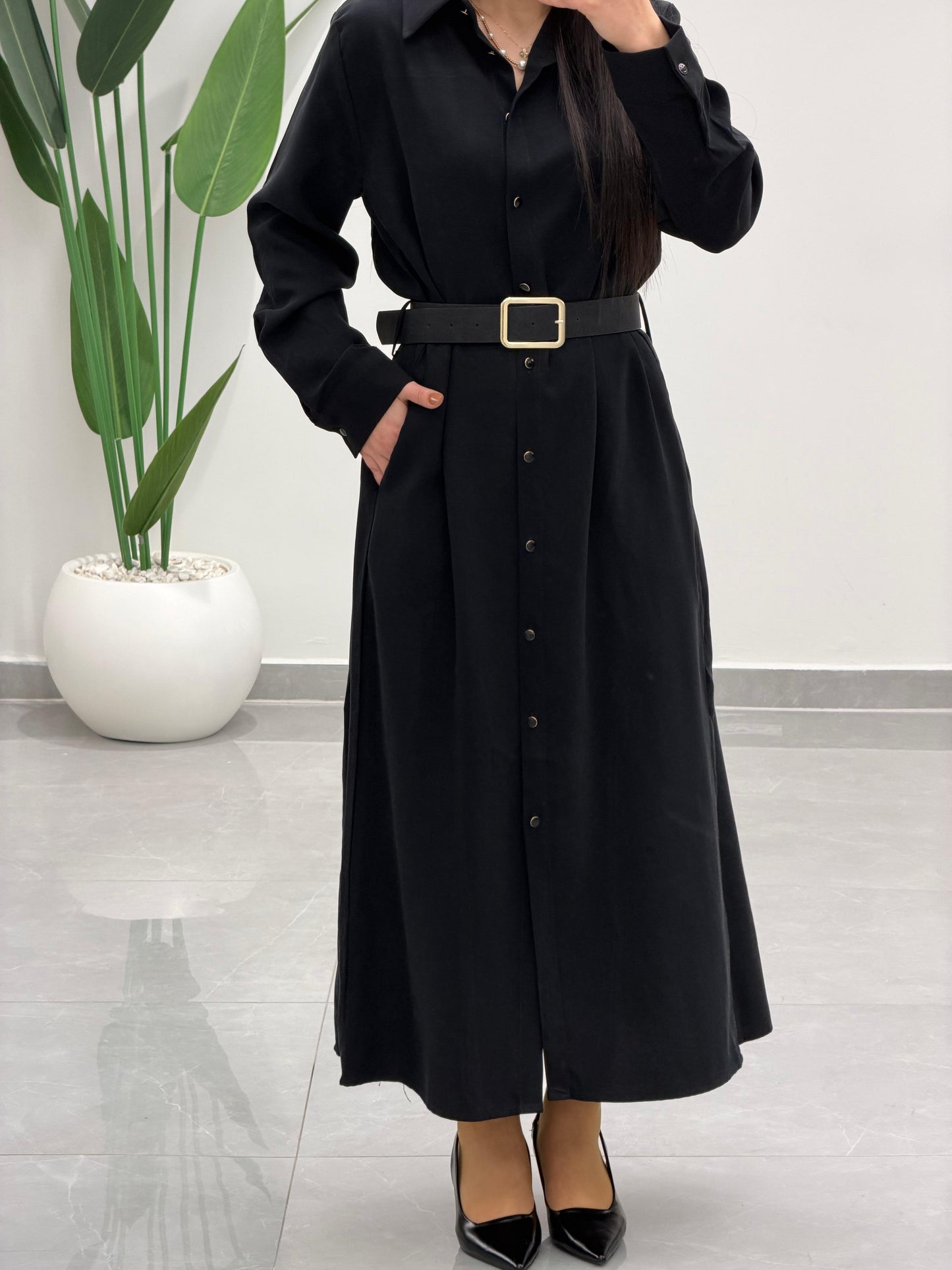 Tensel Kemerli Gömlek Elbise Siyah