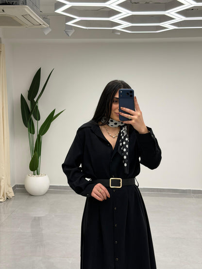 Tensel Kemerli Gömlek Elbise Siyah